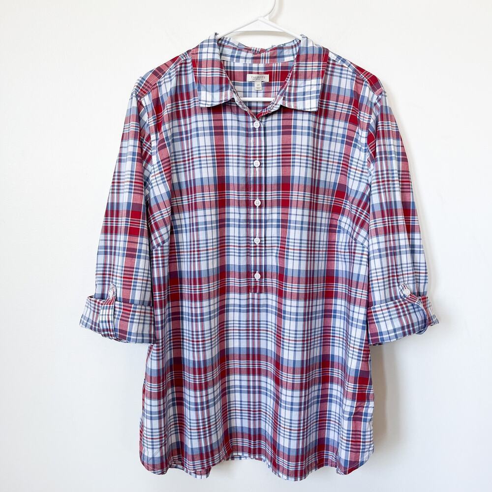 Talbots Woman 2X Red Blue Plaid Button Up Shirt Rolled Sleeve Summer Lightweight